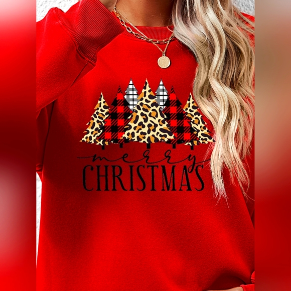 Women's Red MERRY CHRISTMAS Round Neck Long Sleeve Casual Sweatshirt - Picture 1 of 3